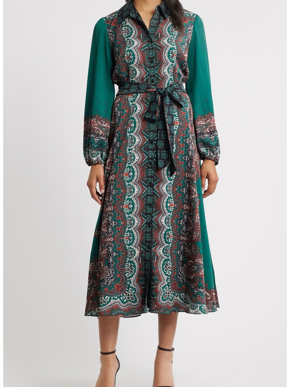 Satin Emerald Paisley Button-Front Midi Dress Tie Waist Long Sleeve Shirtdress